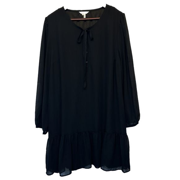 Draper James XL Dress Black Sheer Tie Neck Button Ruffle Shift Dress Flounce - Picture 1 of 10